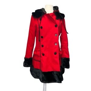 Hell Bunny Sarah Jane Coat Red Black Faux Fur Hood PinUp Lolita Corset Bow READ
